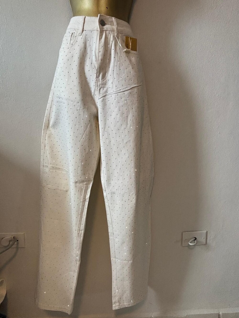 White Embellished Straight-Leg Pants